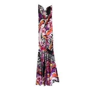 CACHE Mermaid Style Gown Multicolor Print Strapless Maxi Dress Sz 2